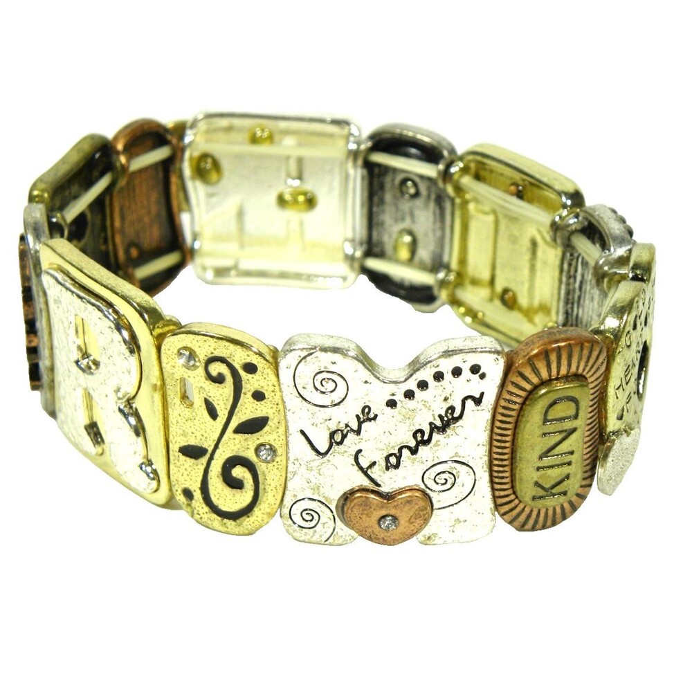 Multi Metal Stretch Bracelet Tri Tone Gold Copper Silver Love Joy Etched Elastic